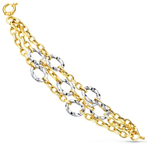 [P25000057] 18K PULSERA ORO BICOLOR TRIPLE CADENA HUECA MOTIVOS REDONDOS 20 CM