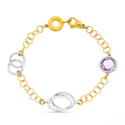 [P25000064] 18K PULSERA BICOLOR ESLABONES PIEDRA AMATISTA