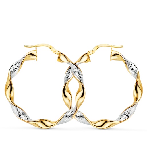 [P25000139] 18K AROS ORO BICOLOR HUECOS TRENZADOS CON GRECA Y LISOS 33 X 4 MM