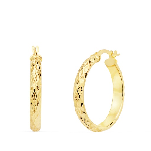 [P25000140] 18K AROS ORO AMARILLO MEDIA CAÑA HUECOS DIBUJO 24X3.5 MM