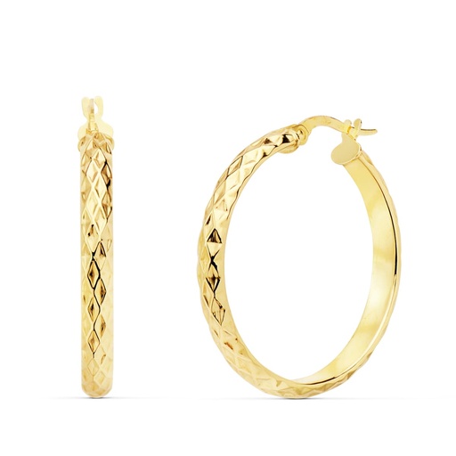 [P25000141] 18K AROS ORO AMARILLO MEDIA CAÑA HUECOS DIBUJO. 29X3.5 MM