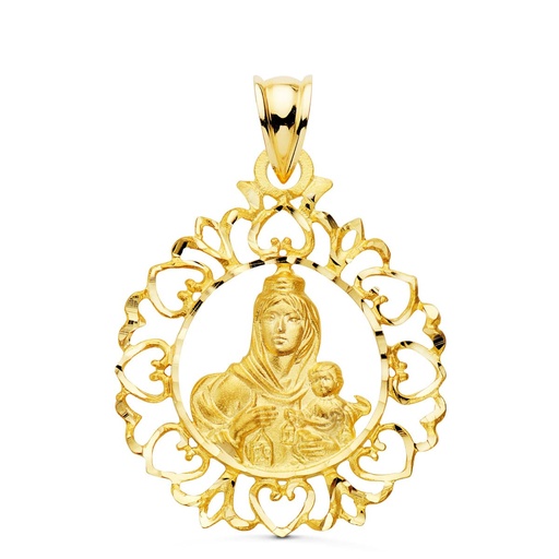 [P26000294] 18K MEDALLA VIRGEN DEL CARMEN CERCO ORLA CON CORAZONES 30X25 MM