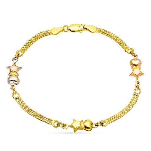 [P26000419] 18K PULSERA ORO TRICOLOR ESTRELLAS Y CORAZONES