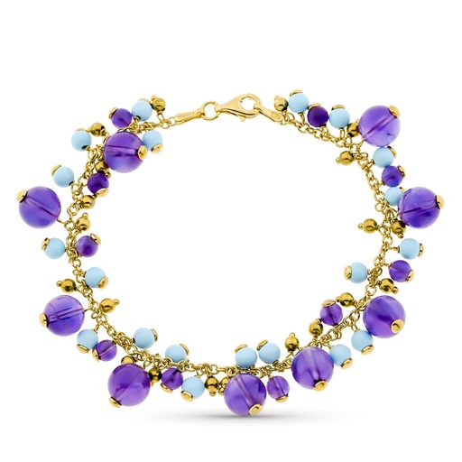 [P26001024] 18K PULSERA ENTREPIEZAS ORO AMARILLO TURQUESAS Y AMATISTAS