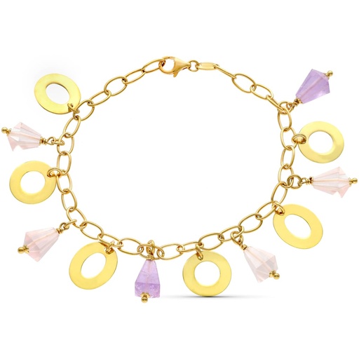 [P26001052] 18K PULSERA ORO AMARILLO CIRCULOS Y PIEDRAS DE COLORES.