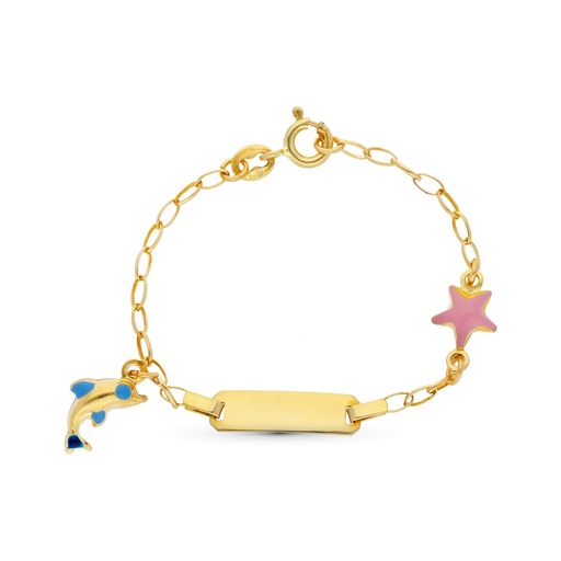 [P26001162] 18K ESCLAVA ORO AMARILLO DELFIN Y ESTRELLA ESMALTE 13 CM