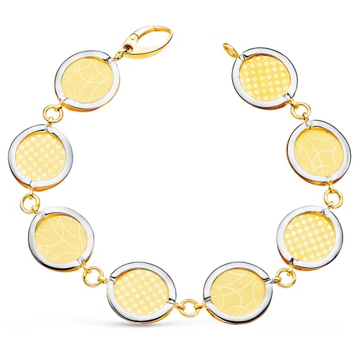 [P26001249] 18K PULSERA ORO BICOLOR ESLABONES REDONDOS DISEÑOS MATIZADOS. 20.5 CM