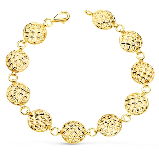 [P26001253] 18K PULSERA ORO AMARILLO MOTIVOS REDONDOS TALLADOS 12 MM 20.5 CM