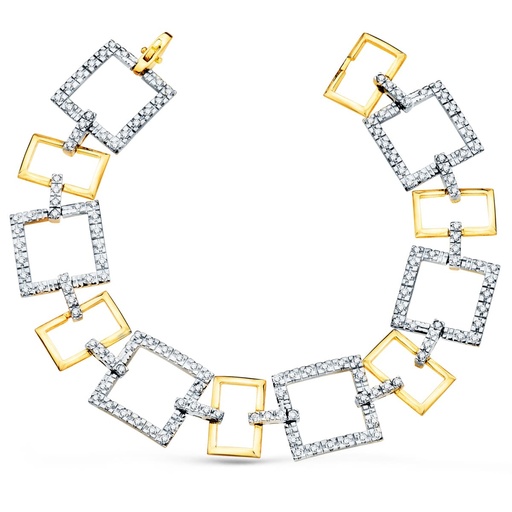 [P26001286] 18K PULSERA ORO BICOLOR ESLABONES CUADRADOS Y MOTIVOS CON CIRCONITAS 20 CM