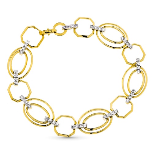 [P26001290] 18K PULSERA ORO BICOLOR ESLABONES Y CIRCONITAS ANCHO 12 MM LARGO 19.5 CM
