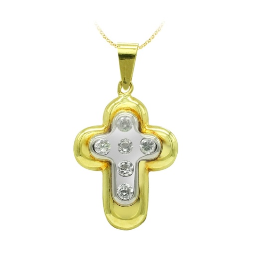 [P2844] 18K CRUZ ORO BICOLOR Y CIRCONITAS 22X15 MM