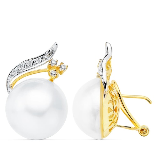 [P3028-1] 18K PENDIENTES ORO AMARILLO PERLA JAPONESAS 16 MM RAMA