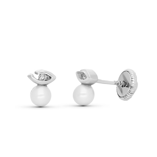 [P319-9957] 18K PENDIENTES ORO BLANCO DIAMANTES TALLA BRILLANTE Y PERLA 5X4 MM