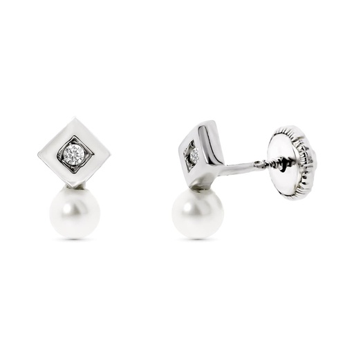 [P319-9959] 18K PENDIENTES ORO BLANCO CON DIAMANTES Y PERLA CIERRE ROSCA