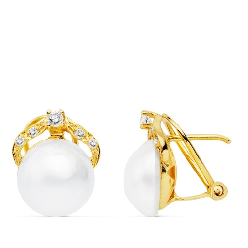 [P3238-1] 18K PENDIENTES ORO AMARILLO PERLA JAPONESAS 13X11 MM CIERRE OMEGA