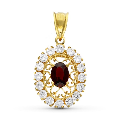 [P3312-5] 18K COLGANTE ORO AMARILLO FILIGRANA OVAL GRANATE Y CIRCONITAS