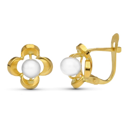 [P3423-1] 18K PENDIENTES ORO AMARILLO FLOR Y PERLA 10X10 MM