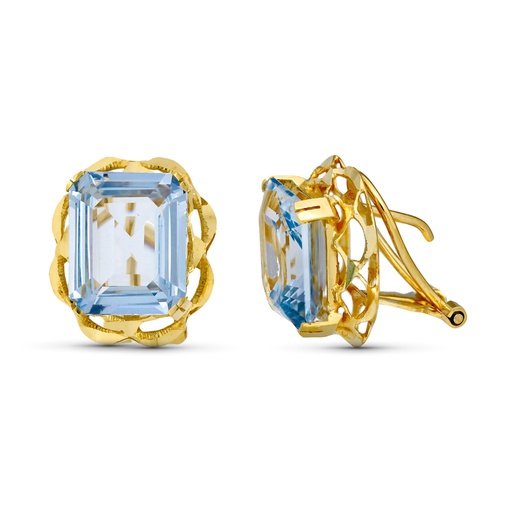 [P3473-1] 18K PENDIENTES ORO AMARILLO CANASTILLA AGUAMARINA 12X10 MM CIERRE OMEGA