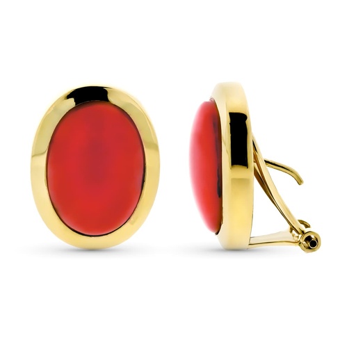 [P3874-1] 18K PENDIENTES ORO AMARILLO CORAL NATURAL CABUJON 14X10 MM CIERRE OMEGA