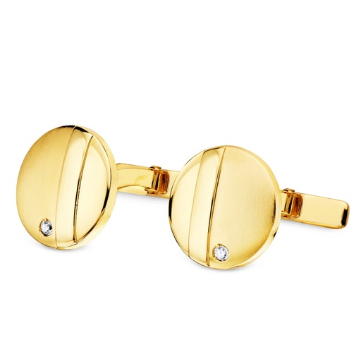 [P4738-6] GEMELOS ORO AMARILLO REDONDOS MATE BRILLO 15MM CIRCONITA CIERRE RIGIDO OSCILANTE