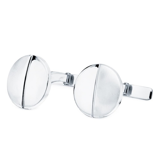 [P4740-6] 18K GEMELOS ORO BLANCO REDONDOS MATE Y BRILLO 15 MM CIERRE RIGIDO OSCILANTE