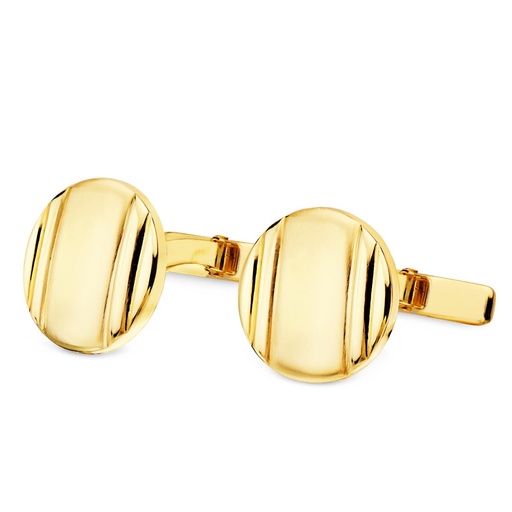 [P4744-6] 18K GEMELOS ORO AMARILLO REDONDOS MATE y BRILLO 15 MM CIERRE RIGIDO OSCILANTE