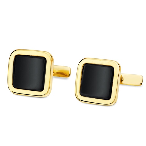 [P4745] 18K GEMELOS ORO AMARILLO ONIX BRILLO 14X14 MM CIERRE RIGIDO OSCILANTE