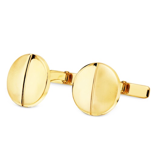 [P4748-6] 18K GEMELOS ORO AMARILLO REDONDOS MATE Y BRILLO 15 MM CIERRE RIGIDO OSCILANTE