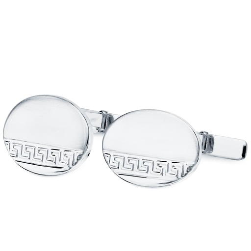 [P4750-6] GEMELOS ORO BLANCO OVAL GRECA MATE Y BRILLO 18X13 MM CIERRE RIGIDO OSCILANTE
