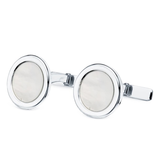 [P4766-6] 18K GEMELOS ORO BLANCO REDONDOS CON NACAR 15 MM CIERRE RIGIDO OSCILANTE