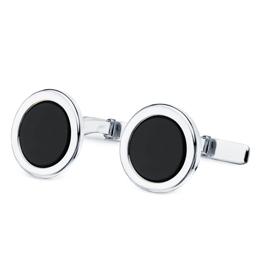[P4767-6] 18K GEMELOS ORO BLANCO REDONDOS CON ONIX 15 MM CIERRE RIGIDO OSCILANTE