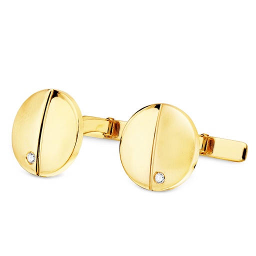 [P4770-6] 18K GEMELOS ORO AMARILLO MATE Y BRILLO 15 MM CIRCONITAS CIERRE RIGIDO OSCILANTE
