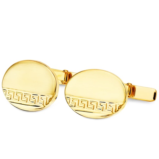 [P4771-6] GEMELOS ORO AMARILLO OVAL GRECA MATE Y BRILLO 18X13 MM CIERRE RIGIDO OSCILANTE
