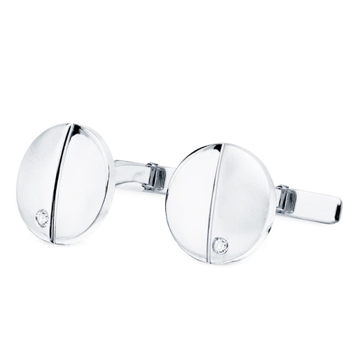 [P4772-6] GEMELOS ORO BLANCO REDONDOS MATE BRILLO 15 MM CIRCONITAS CIERRE RIGIDO OSCILANTE