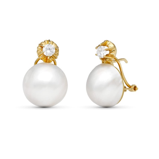 [P7102-1-OA] 18K PENDIENTES ORO BICOLOR PERLA JAPONESA 14-14.5 MM CIERRE OMEGA