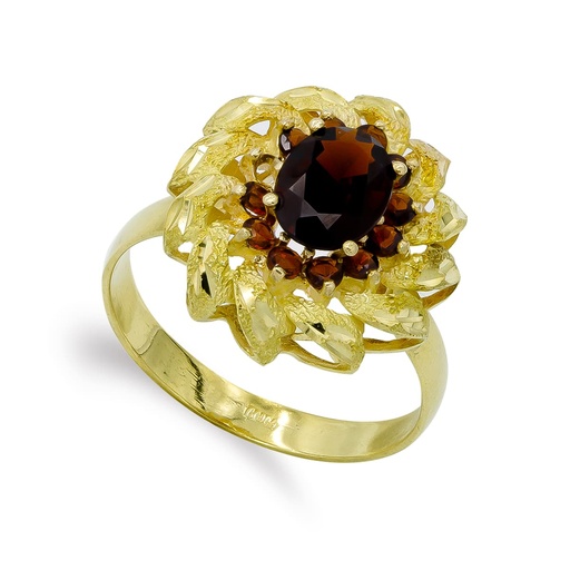 [P7315-2] 18K SORTIJA ORO AMARILLO Y PIEDRA OVAL CON CIRCONITAS Y HOJAS