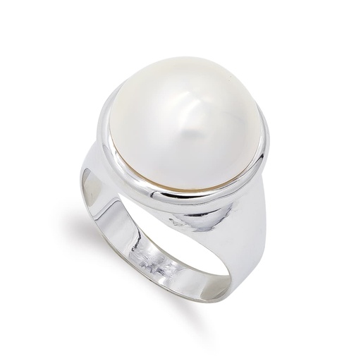 [P7352-2] 18K SORTIJA ORO BLANCO Y PERLA JAPONESA CON CERCO LISO 14 A 16 MM