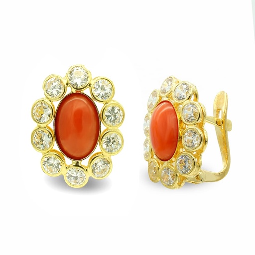 [P7438-1] 18K PENDIENTES ORO AMARILLO CORAL OVAL Y CIRCONITAS