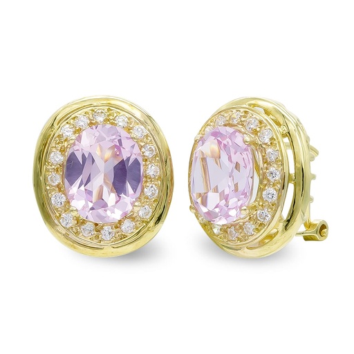 [P7470-1RS] 18K PENDIENTES ORO AMARILLO PIEDRA ROSA 10X8 MM Y CIRCONITAS