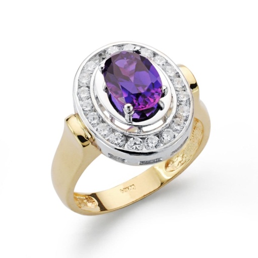 [P7492-2] 18K SORTIJA ORO BICOLOR MOTIVO OVAL CON CIRCONTIAS Y PIEDRA AMATISTA