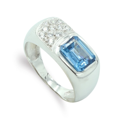 [P7601-2AM] 18K SORTIJA ORO BLANCO PIEDRA AZUL 8X6 MM Y CIRCONITAS