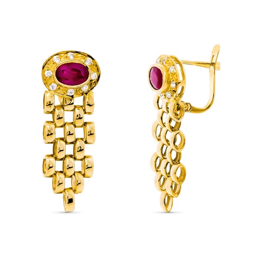 [P7722-PRU] 18K PENDIENTES ORO AMARILLO PANTER Y PIEDRA RUBI 6X4 MM