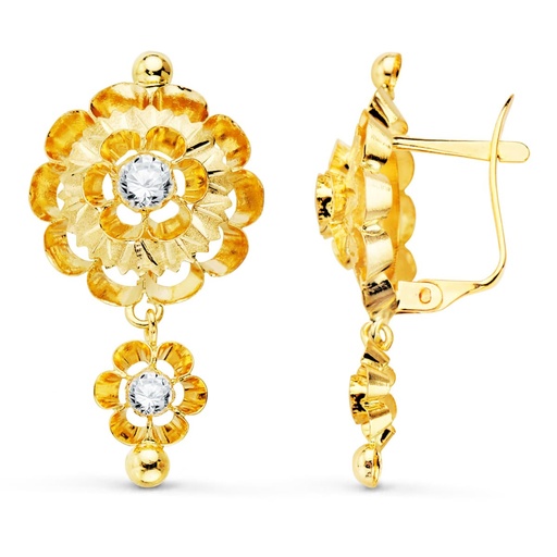 [P8351] 18K PENDIENTES ORO AMARILLO CUBANAS CON CIRCONITAS 32X16 MM CIERRE CATALAN
