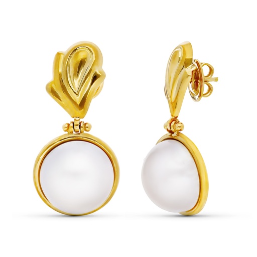 [P8374] 18K PENDIENTES ORO AMARILLO PERLA JAPONESA LARGOS