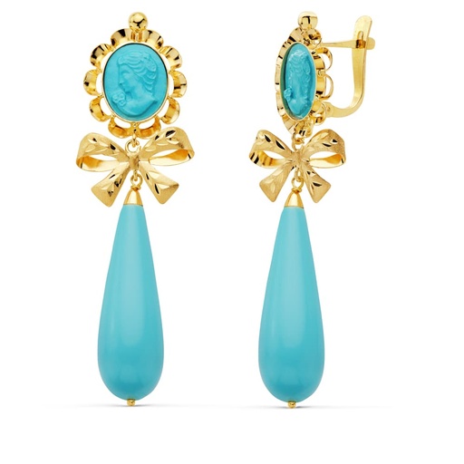 [P8447-T] 18K PENDIENTES CAMAFEO LAZO TURQUESA 62X18 MM