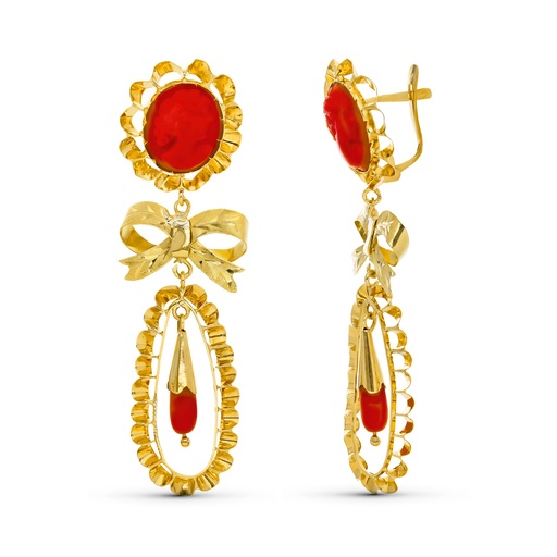 [P8523] 18K PENDIENTES ORO AMARILLO LAGRIMA CORAL CAMAFEO