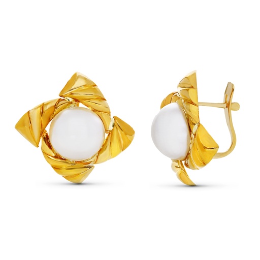 [P8635] 18K PENDIENTES ORO AMARILLO MEDIA PERLA 4 HOJAS