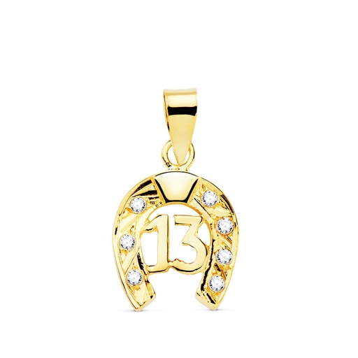 [P8960] 18K COLGANTE ORO AMARILLO HERRADURA CON CIRCONITAS Y Nº 13. 13X11 MM