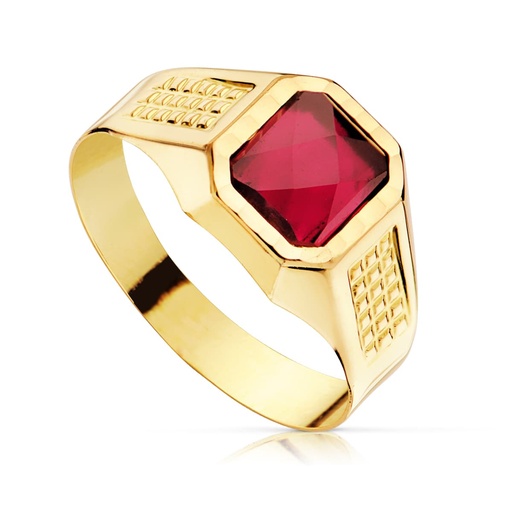 [P9567-RO] 18K SELLO ORO AMARILLO CADETE HUECO PIEDRA RUBI SPINEL 7X6 MM