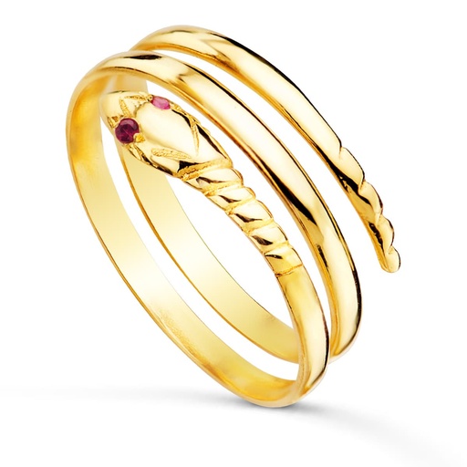 [P9664-RU] 18K SORTIJA ORO AMARILLO SERPIENTE 2 VUELTAS CON OJOS ROJOS